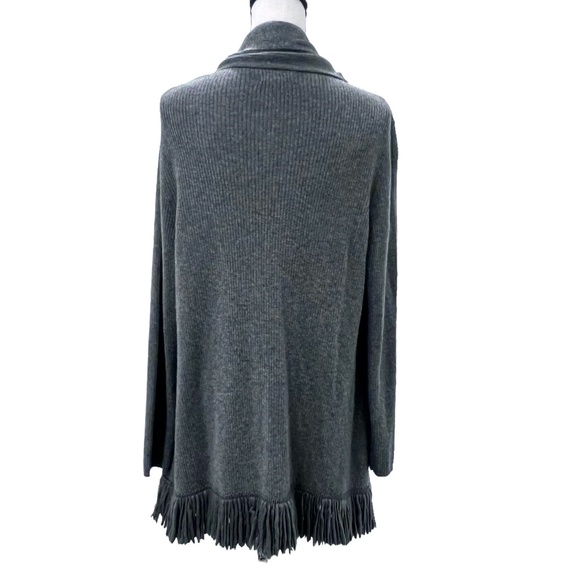 CATHERINE MALANDRINO GRAY WOOL & CASHMERE RIBBED KNIT OPEN CARDIGAN WITH FRINGE - Picture 7 of 13